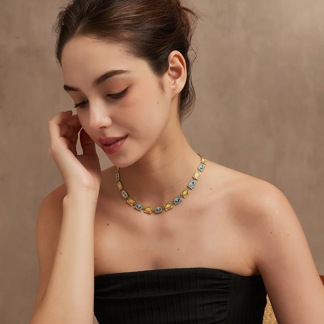 Secret Garden necklace worn on model showing shell pattern - GL.rareness