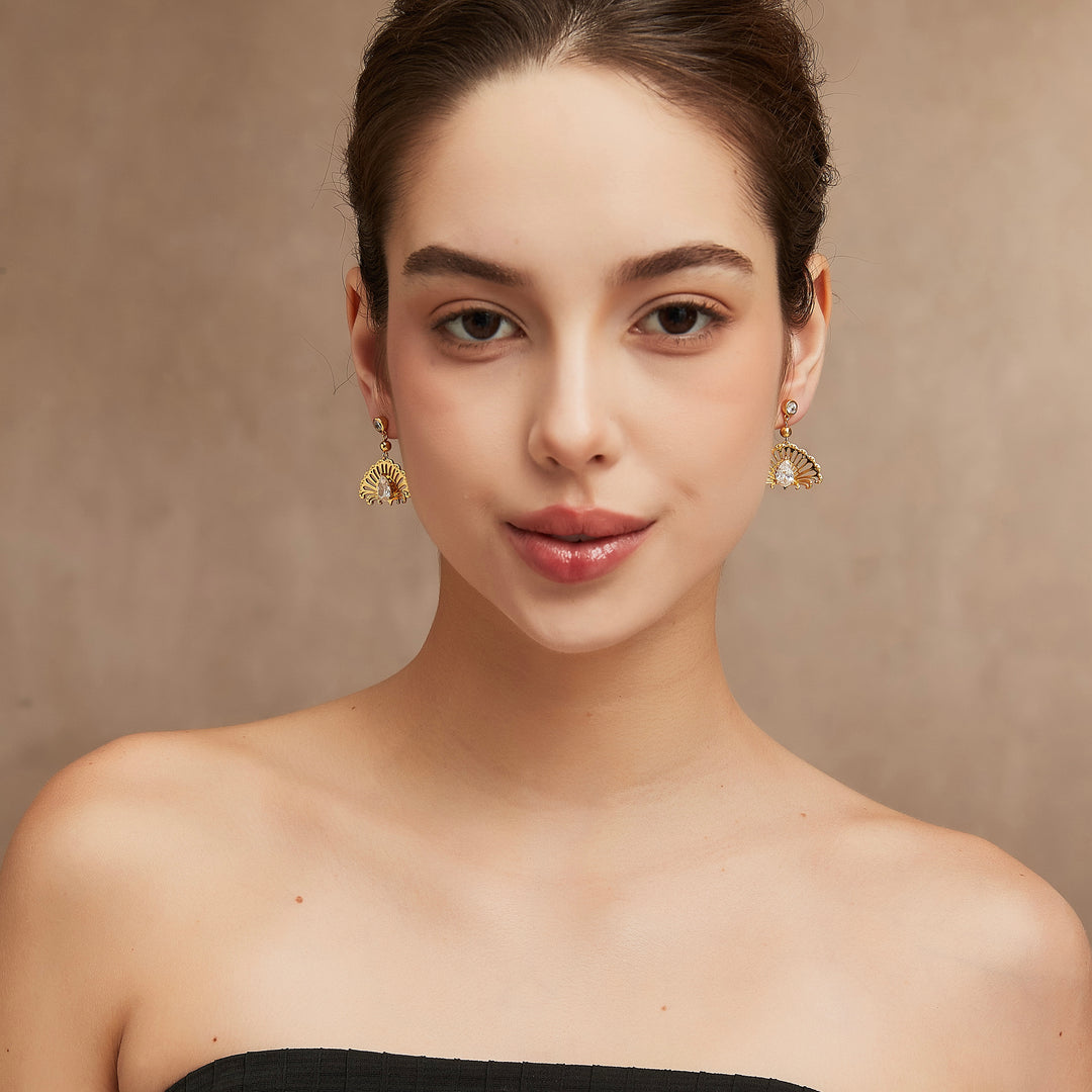 Gold ornate floral drop earrings with pear CZ - GL.rareness