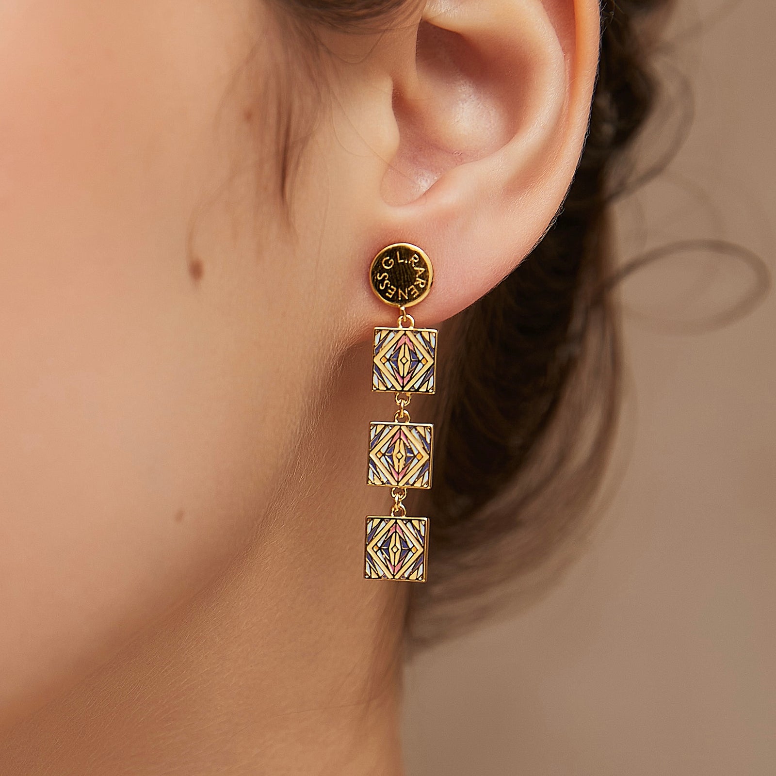 Moroccan tile earrings blue tri-color detail close-up - GL.rareness