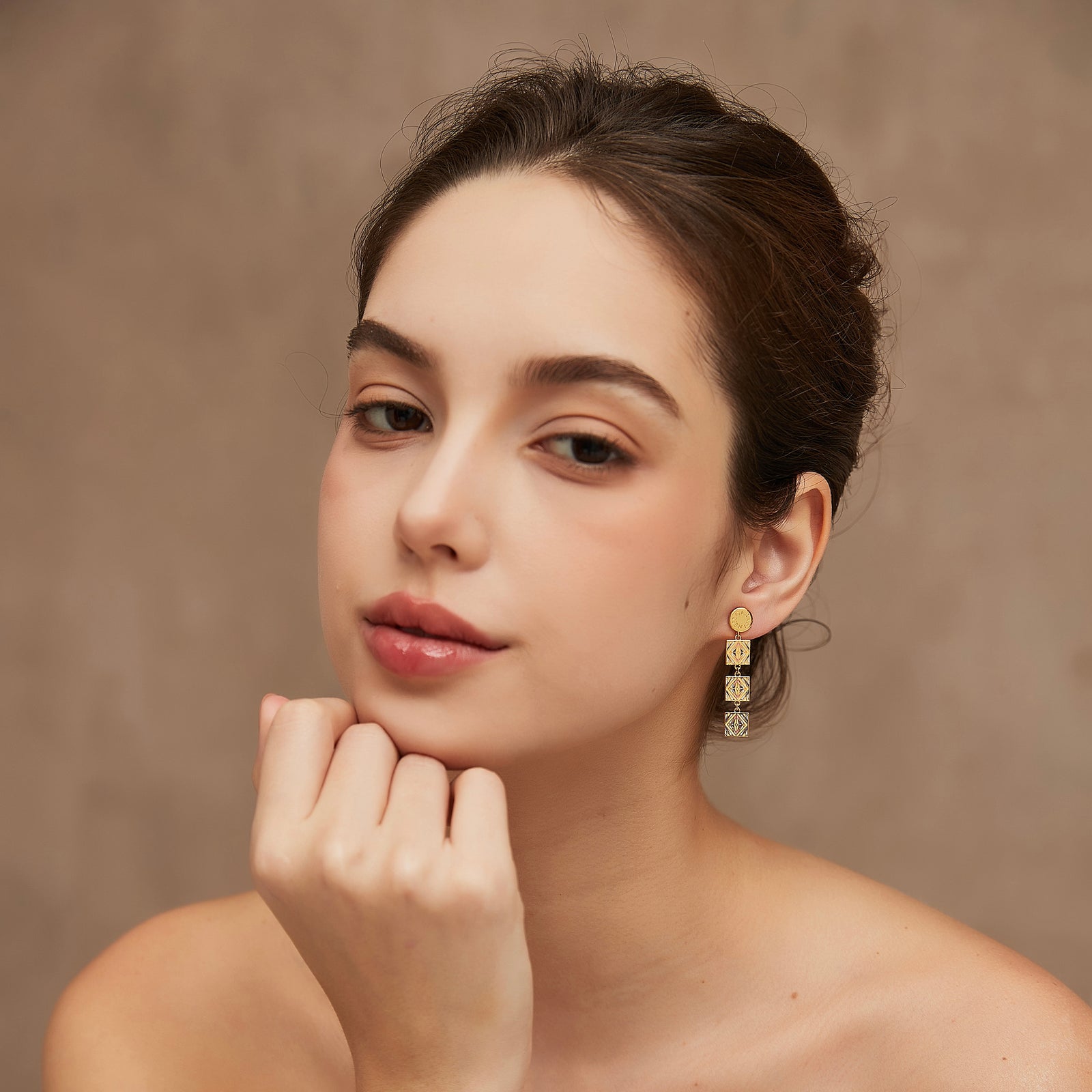 Blue Moroccan tile earrings styled on model - GL.rareness
