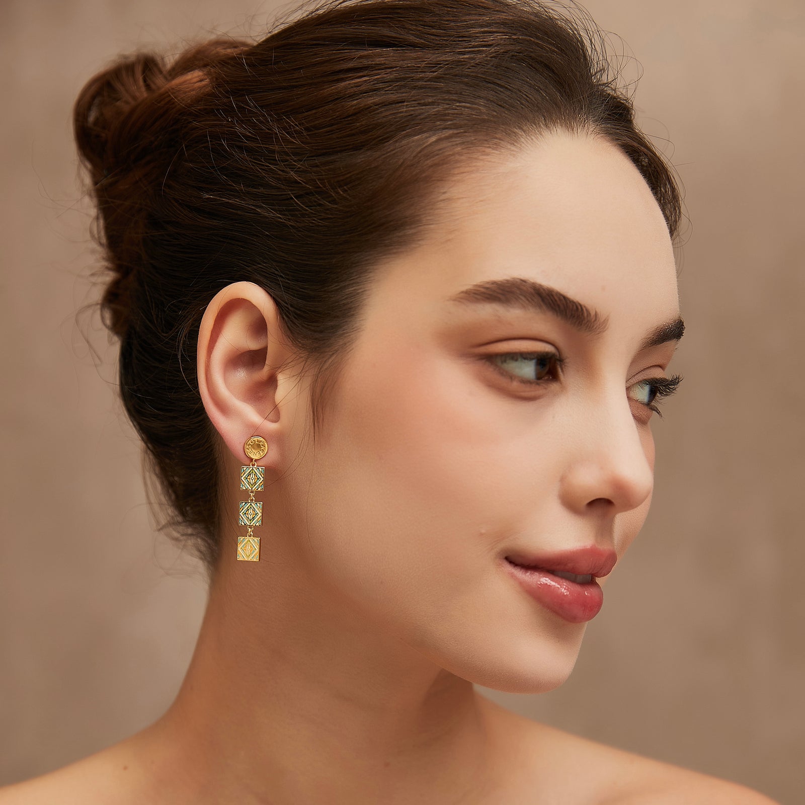 Green Moroccan tile earrings worn on model - GL.rareness