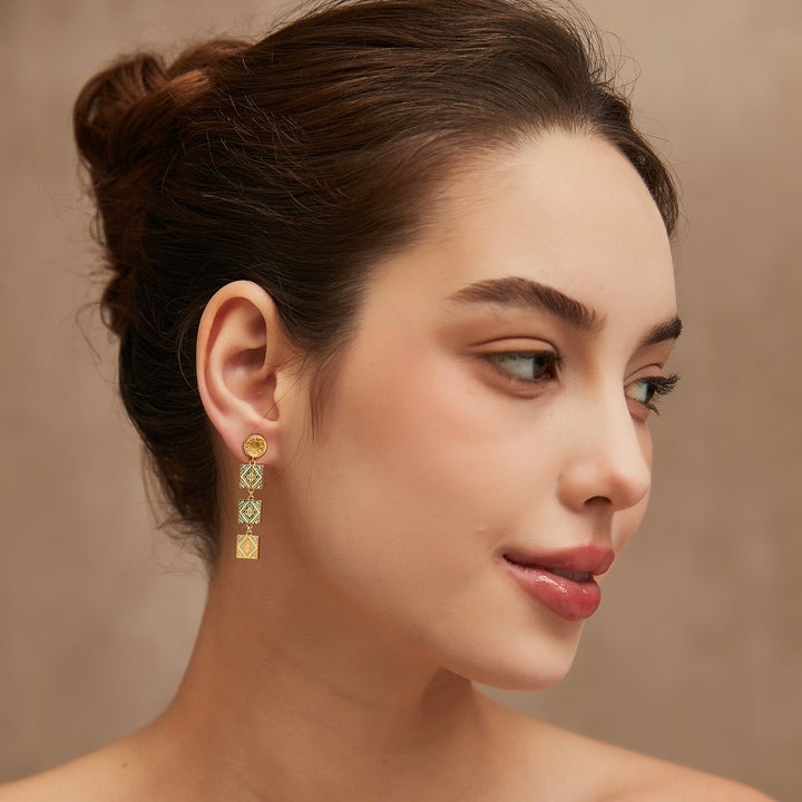 Green Moroccan tile earrings worn on model - GL.rareness