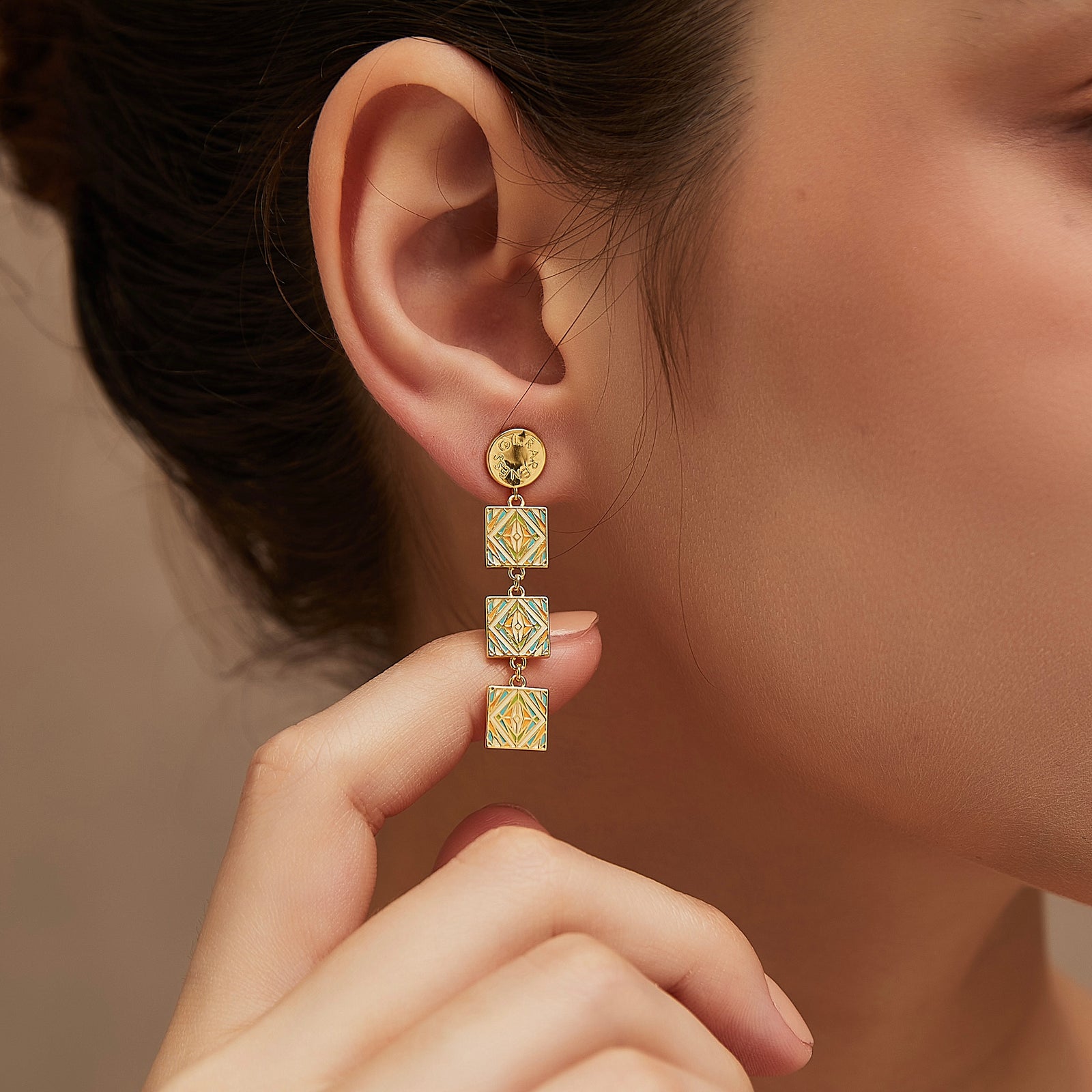 Green Moroccan tile resin drop earrings in 14K gold-plated brass - GL.rareness