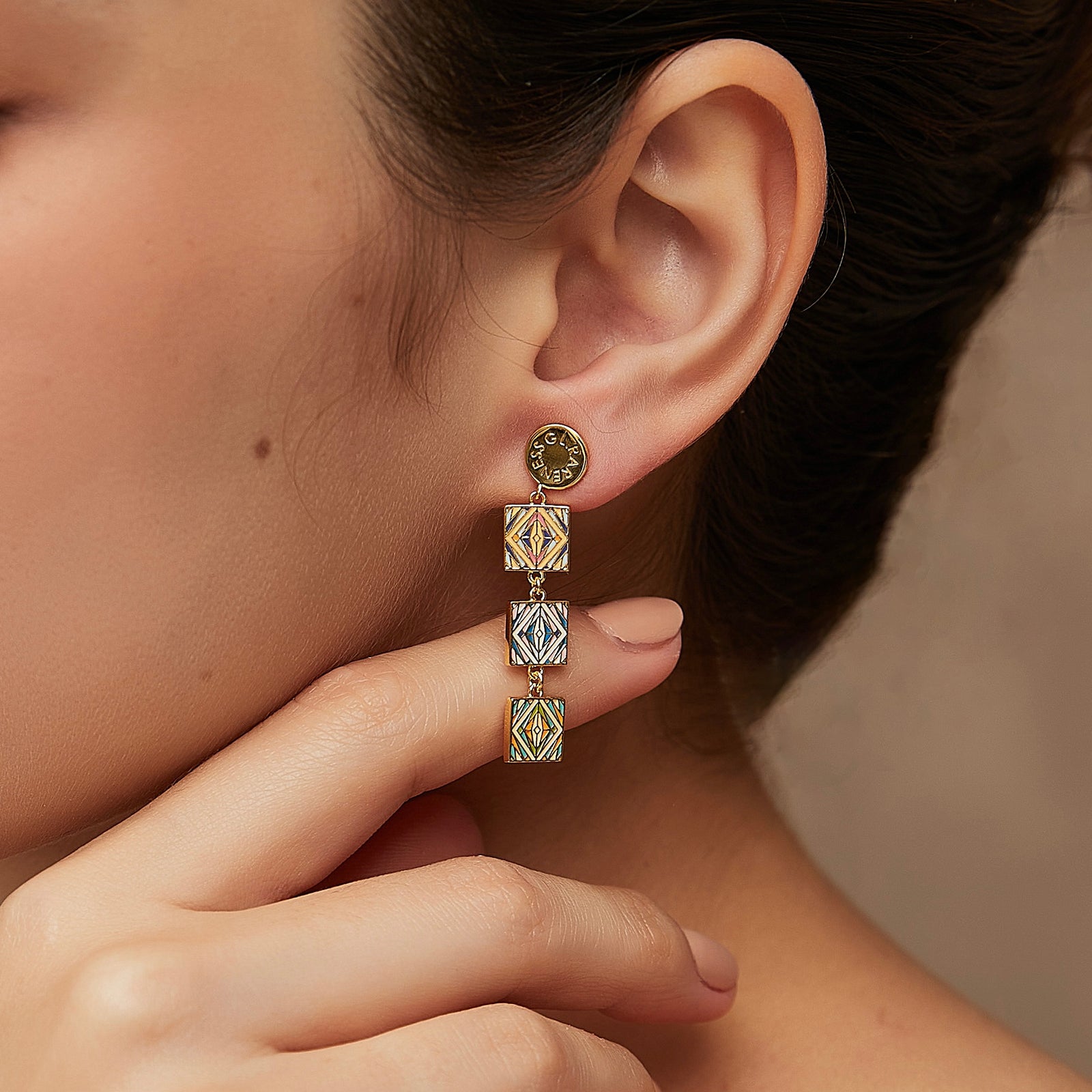 Moroccan tile earrings three color worn on model close up shot - GL.rareness