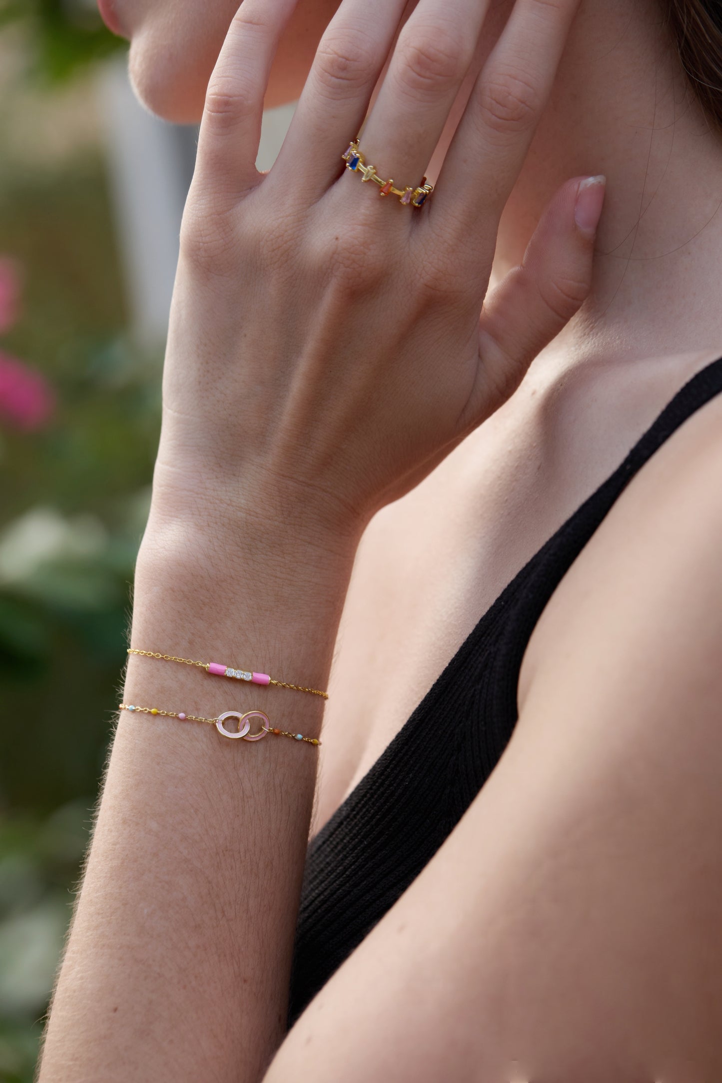 Pink Enamel Gold Bar Bracelet