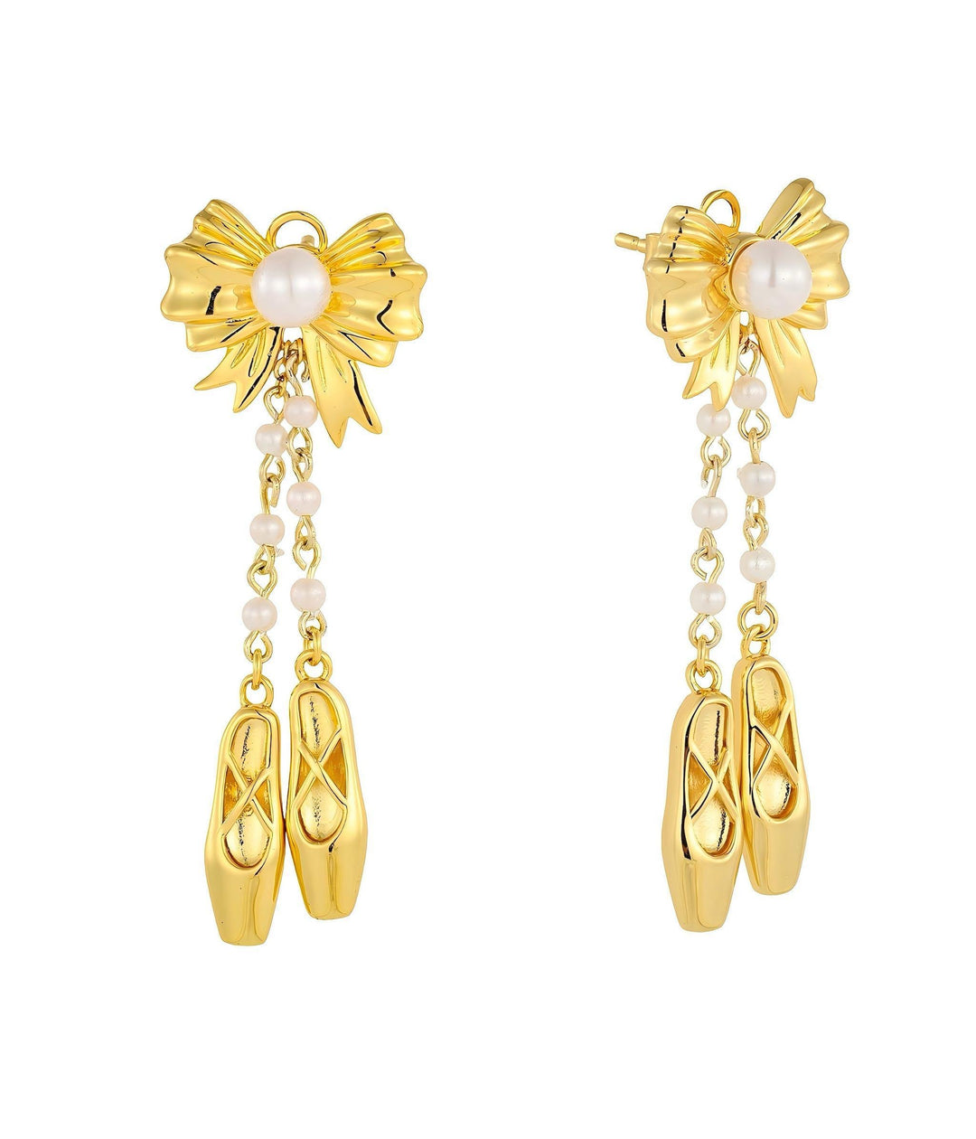 Gold ballet shoe drop earrings worn on model - GL.rareness