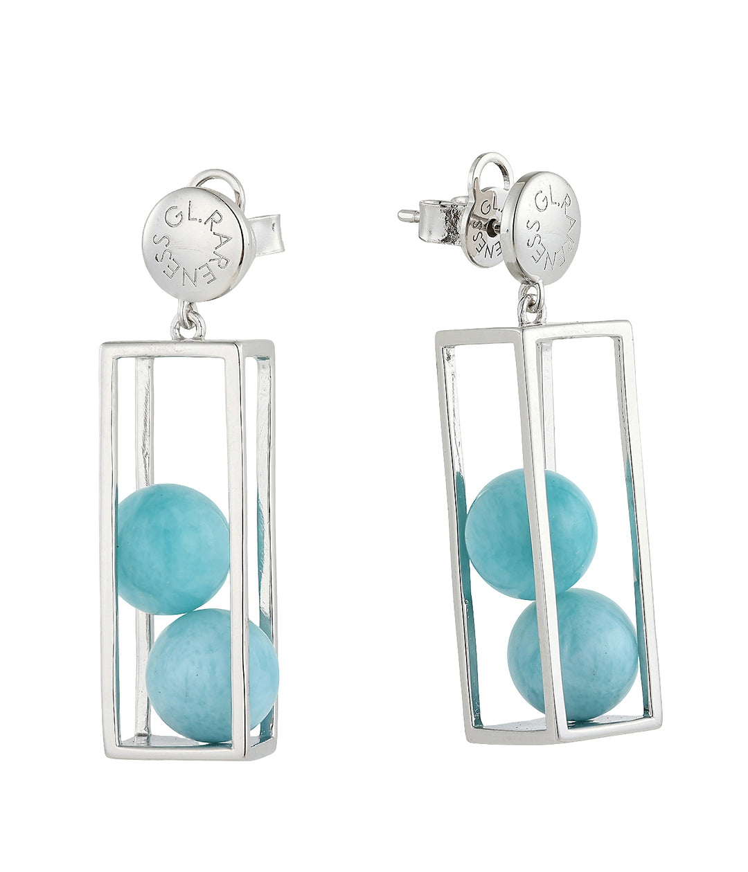silver geometric rectangular cage drop earrings with two light blue larimar round beads, GL.RARENESS engraved disc stud, butterfly backing
