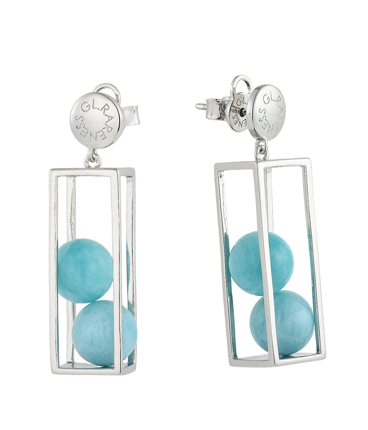 silver geometric rectangular cage drop earrings with two light blue larimar round beads, GL.RARENESS engraved disc stud, butterfly backing

