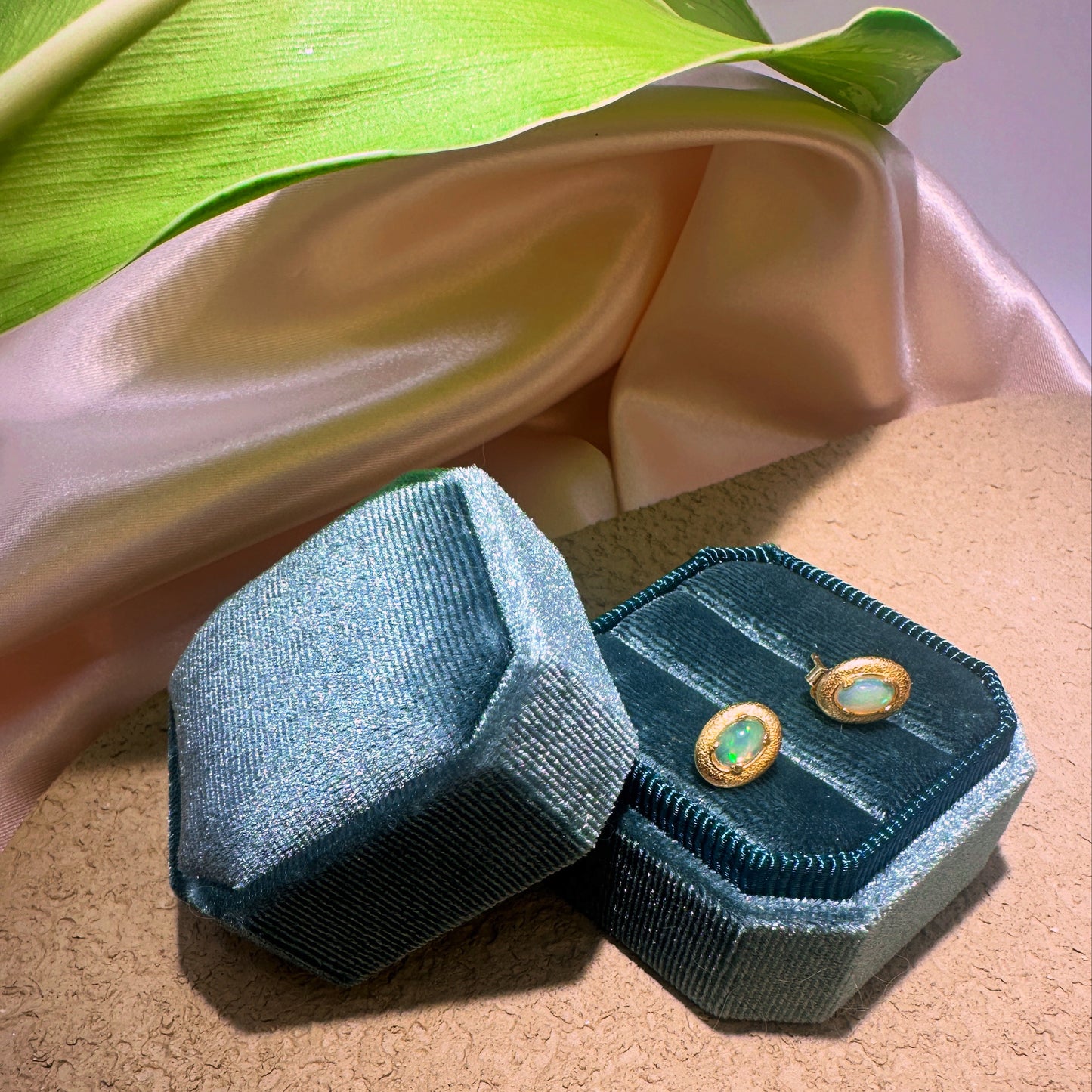 Golden Aura Opal Oval Stud Earrings