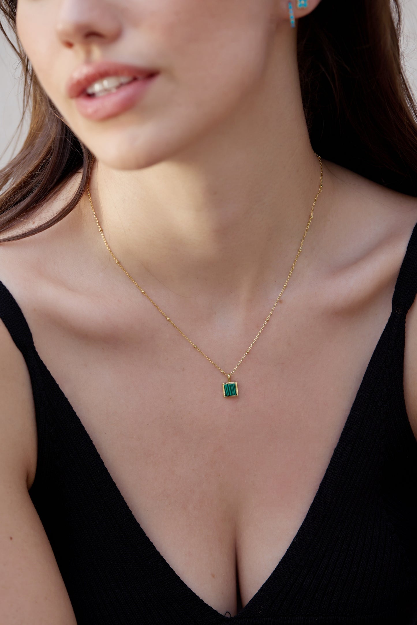 Golden Square Malachite Pendant Necklace