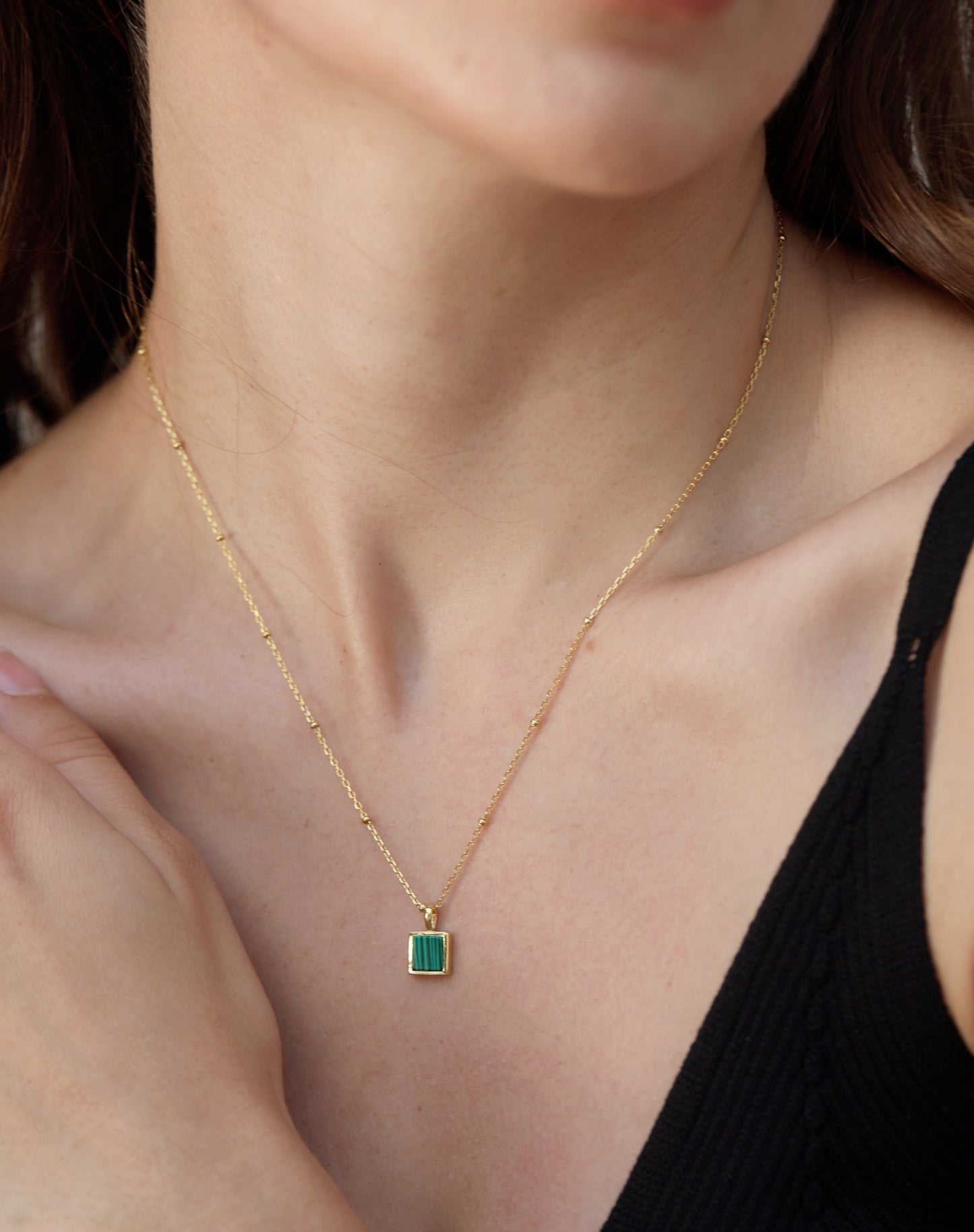 Golden Square Malachite Pendant Necklace