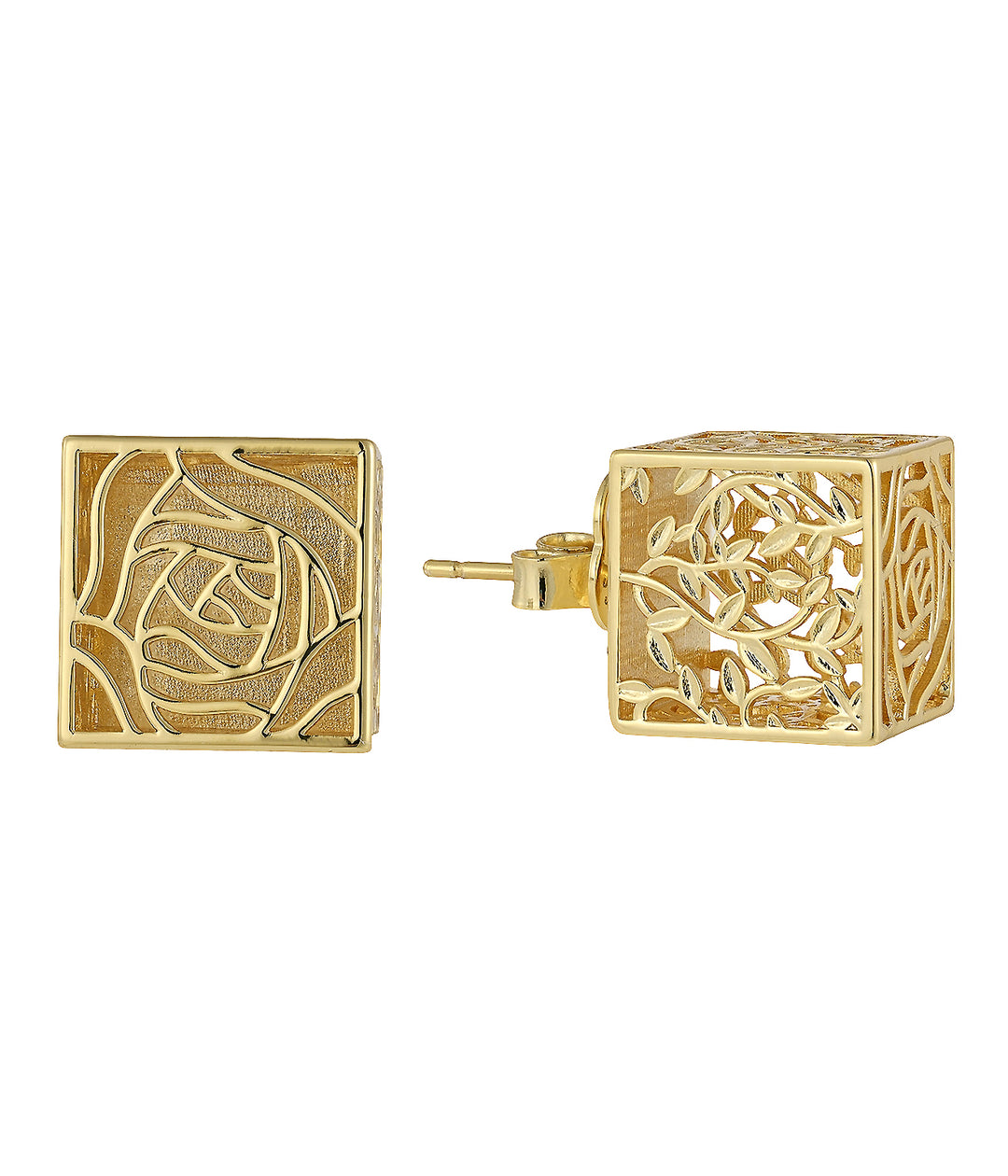 14K gold-plated rose motif box frame stud earrings - GL.rareness