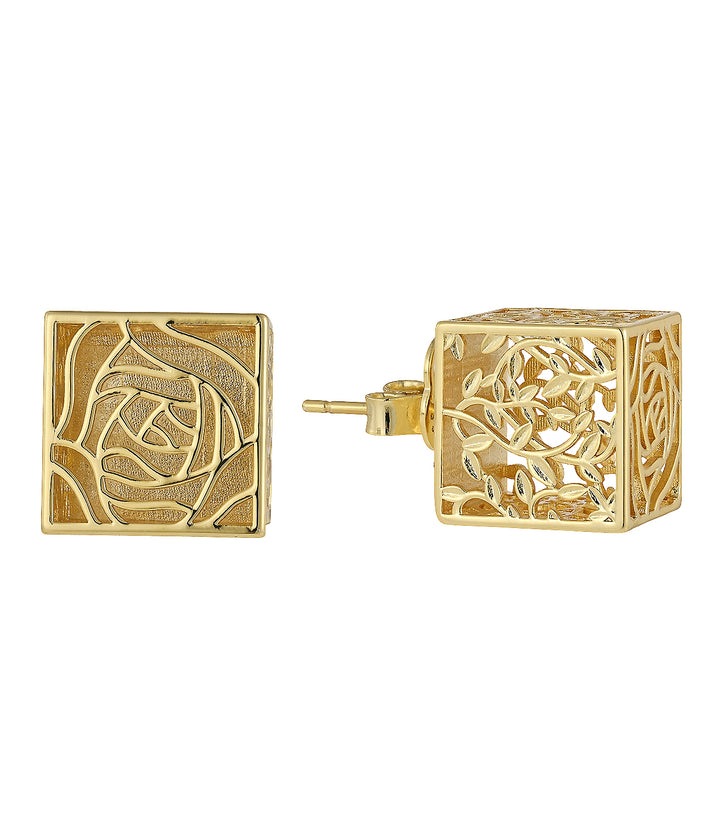 14K gold-plated rose motif box frame stud earrings - GL.rareness