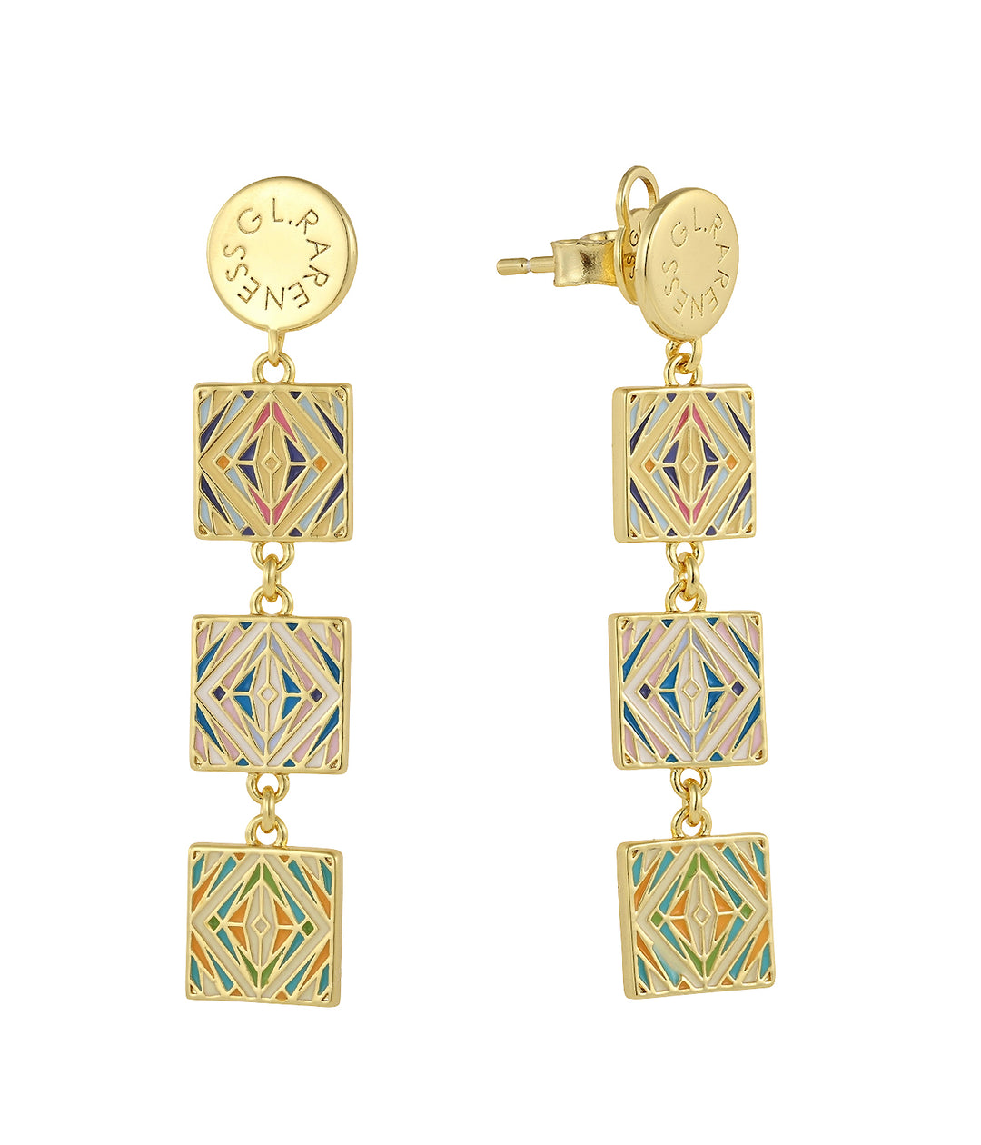 Tri-color Moroccan tile resin earrings in 14K gold-plated brass - GL.rareness