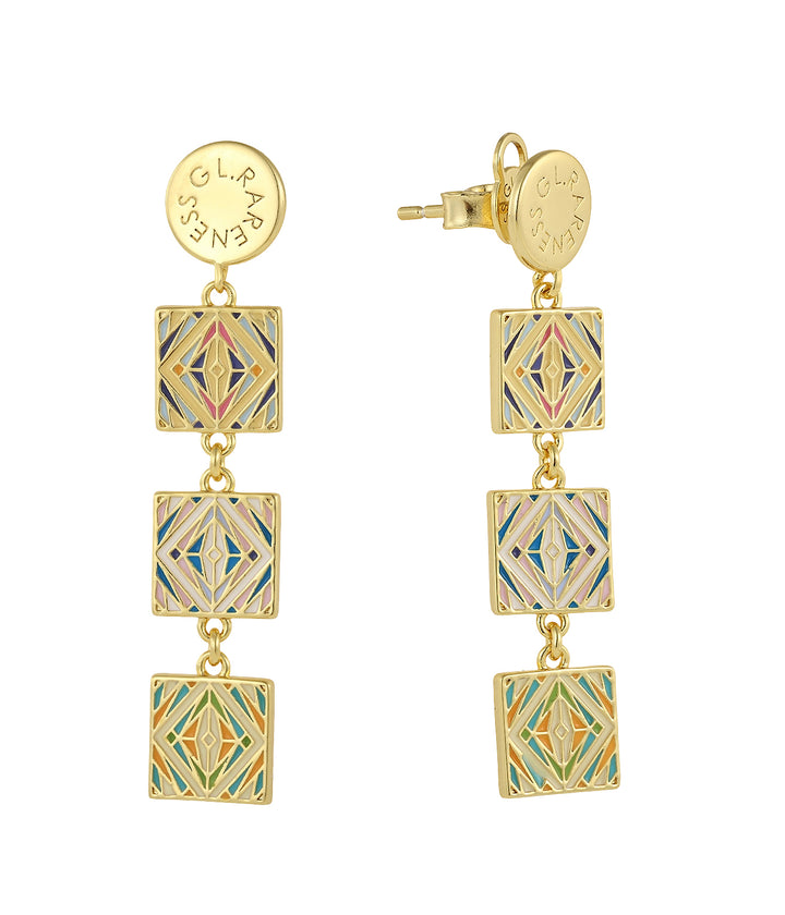 Tri-color Moroccan tile resin earrings in 14K gold-plated brass - GL.rareness
