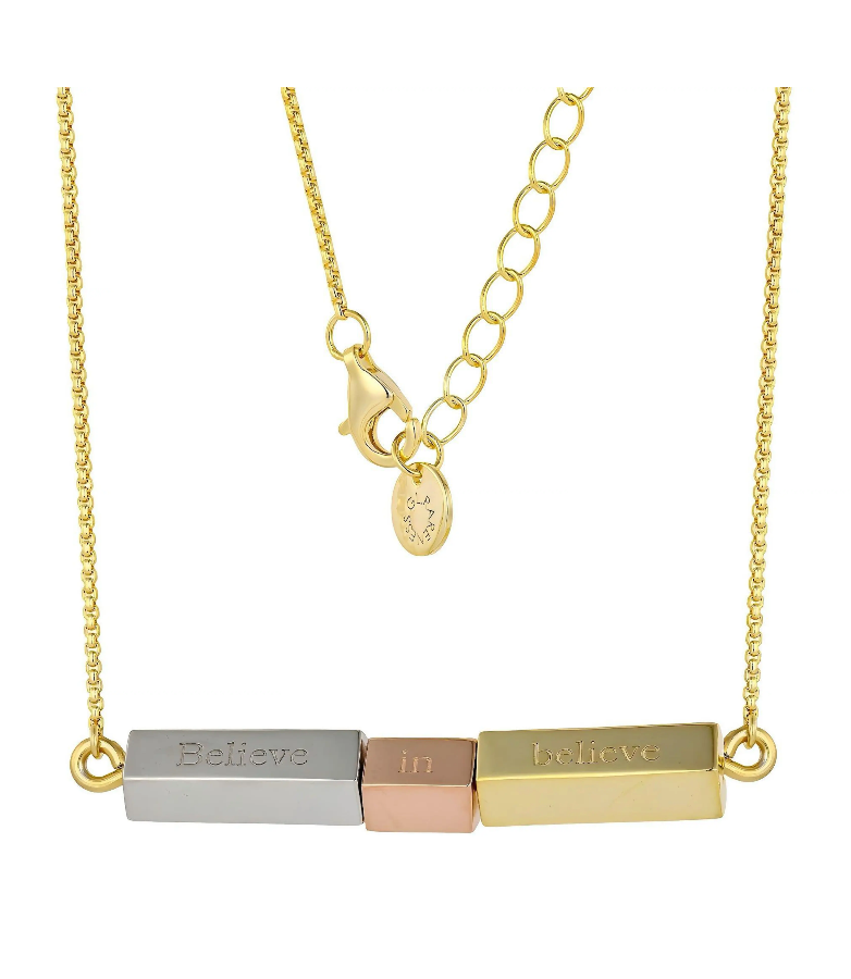 tri-color spinning bar necklace engraved believe in believe gold silver rose gold