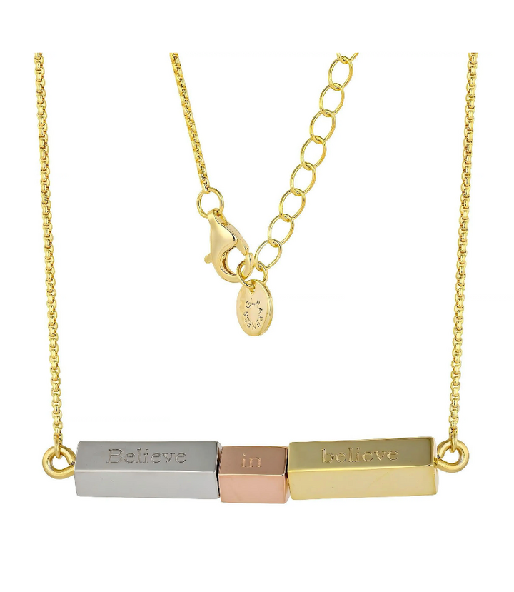 tri-color spinning bar necklace engraved believe in believe gold silver rose gold