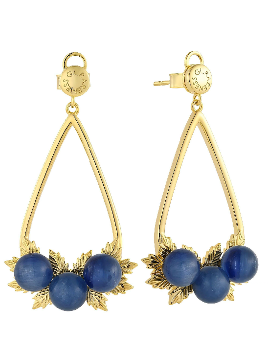 Blueberry Bloom earrings detail showing gold leaves and kyanite - GL.rareness