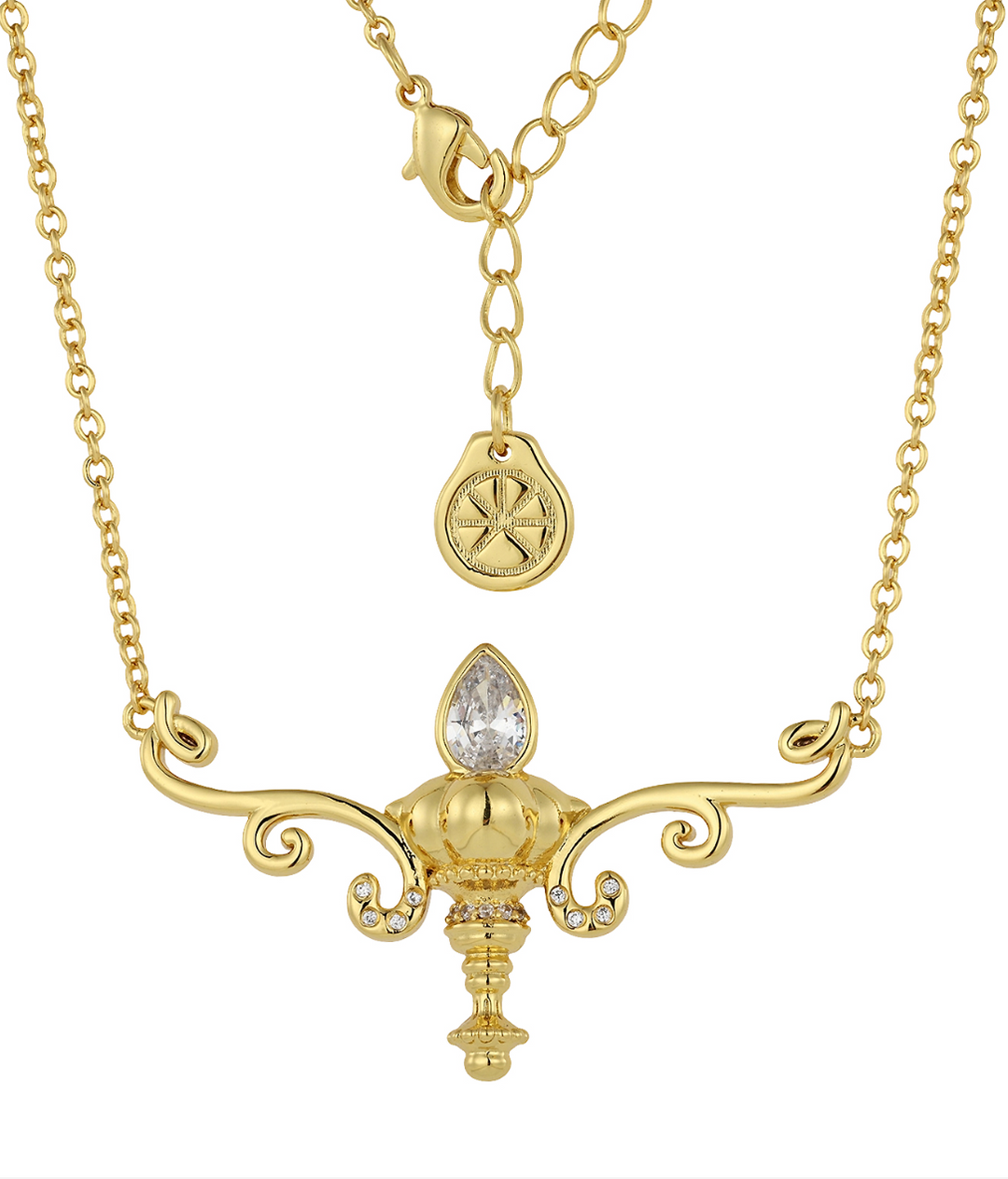 Gold chandelier-inspired pendant necklace styled flat lay - GL.rareness