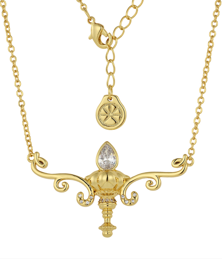 Gold chandelier-inspired pendant necklace styled flat lay - GL.rareness