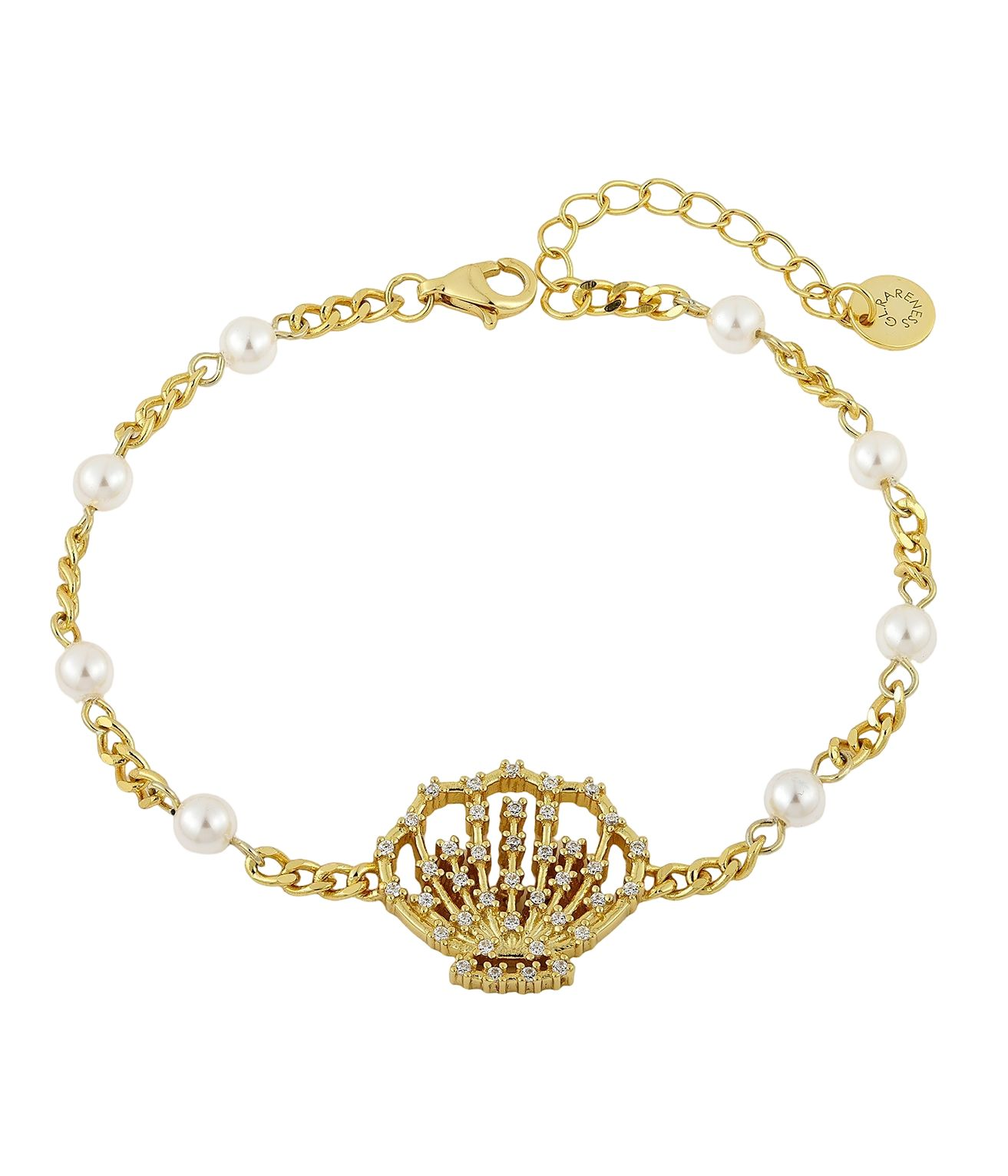 gold bracelet with openwork fan-shaped seashell centerpiece set with cubic zirconia, twisted curb chain with six white Swarovski crystal pearls, lobster clasp and extension chain
