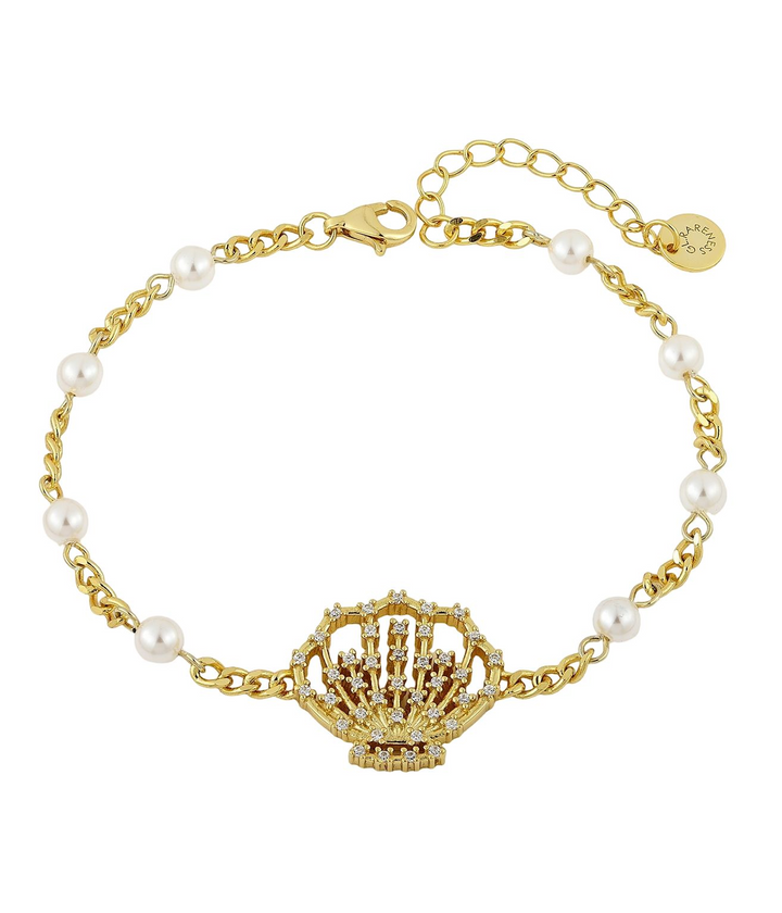 gold bracelet with openwork fan-shaped seashell centerpiece set with cubic zirconia, twisted curb chain with six white Swarovski crystal pearls, lobster clasp and extension chain
