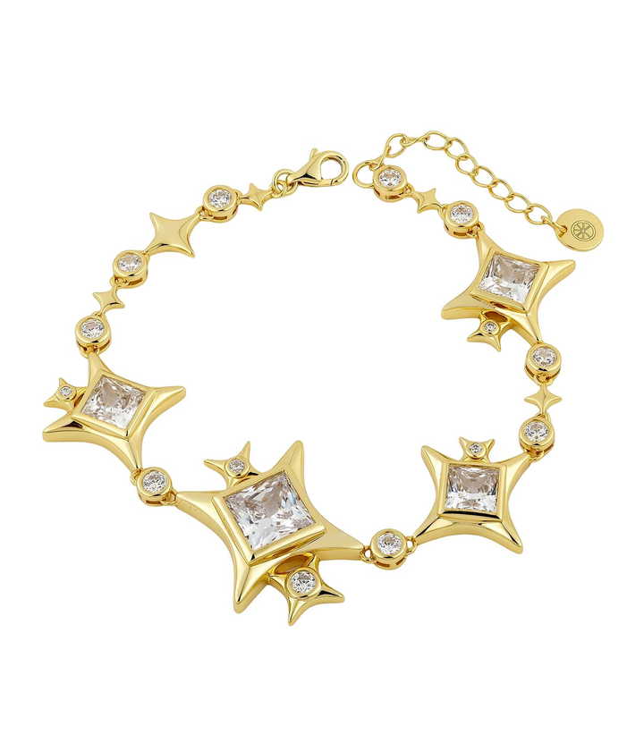 gold link bracelet with four graduated four-point star frames each holding a princess-cut cubic zirconia, connected by small stars and round bezel-set CZ stones, lobster clasp with extension chain
