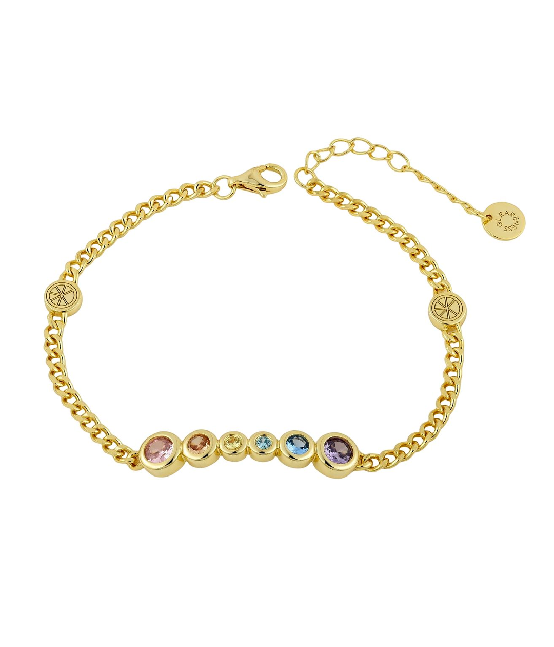 gold bracelet with six bezel-set cubic zirconia stones in pink peach yellow aqua blue and purple arranged in graduated sizes from large to small to large, flat curb chain, two brand logo medallions flanking the stone bar

