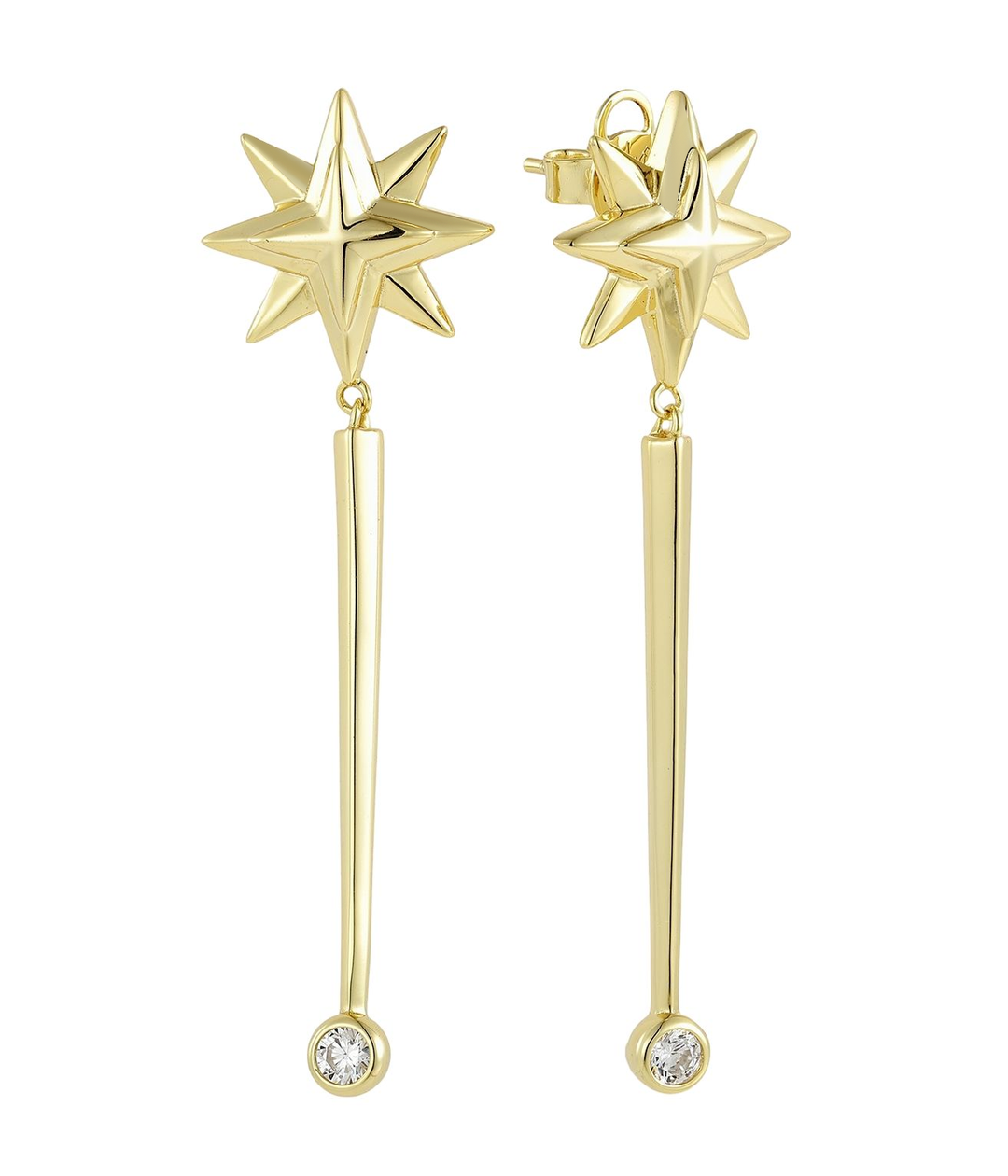 pair of gold drop earrings with eight-pointed faceted star stud top, tapered bar middle section, and round bezel-set cubic zirconia at bottom, post and butterfly back
