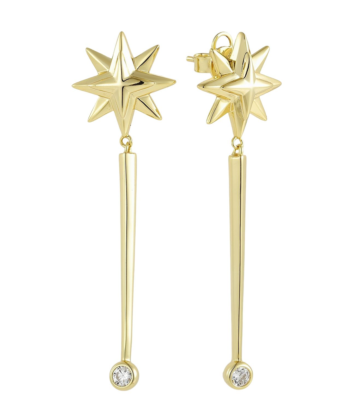 pair of gold drop earrings with eight-pointed faceted star stud top, tapered bar middle section, and round bezel-set cubic zirconia at bottom, post and butterfly back
