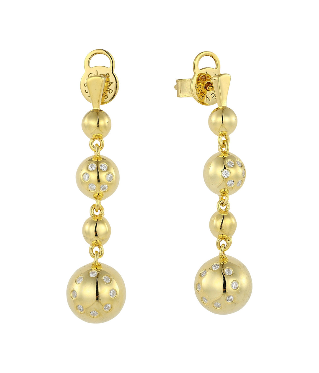 Gold four-sphere drop earrings with graduated sizing. Two spheres feature flush-set scattered CZ; two are smooth satin gold. Sterling silver posts. 18K gold plated.
