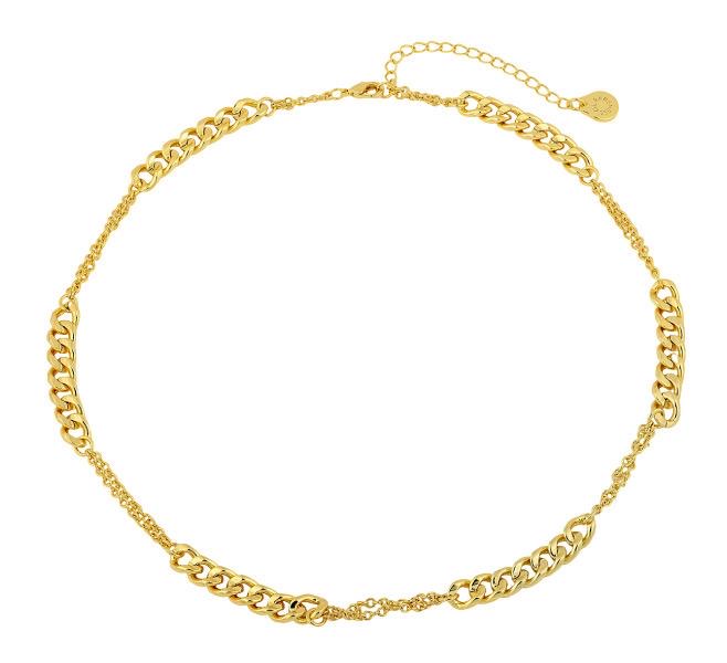 Gold mixed-link chain necklace with alternating curb and cable links. Lightweight, hypoallergenic, everyday layering piece. Free shipping to US &amp; Asia.

