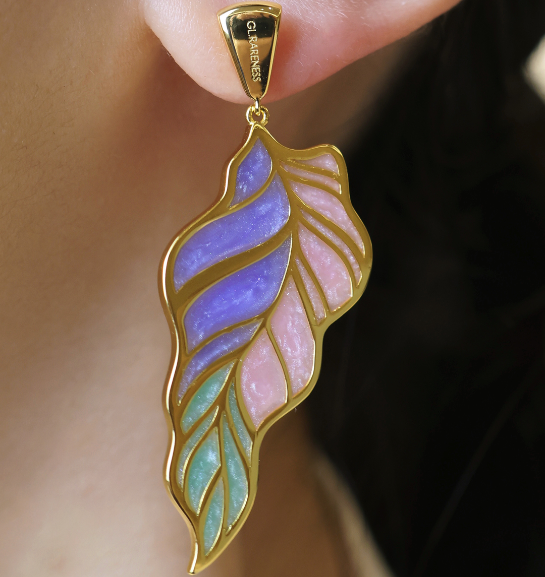 Gradient resin leaf earrings in purple pink and mint green - GL.rareness