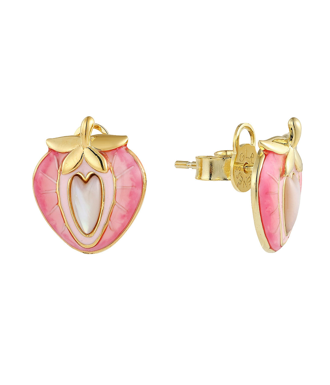 strawberry-shaped stud earring with translucent pink quartz flesh sections divided by gold radial lines, heart-shaped pearlescent white center inlay framed in gold, five-petal gold calyx at top, shown from front and side view, domed profile with visible thickness, branded RARENESS butterfly backing
