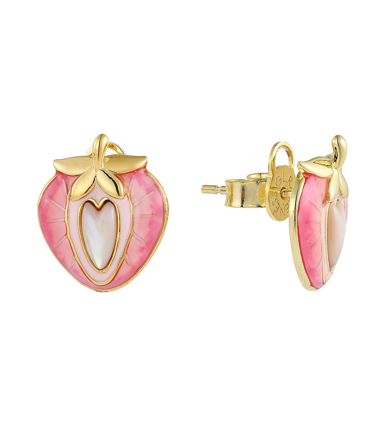 strawberry-shaped stud earring with translucent pink quartz flesh sections divided by gold radial lines, heart-shaped pearlescent white center inlay framed in gold, five-petal gold calyx at top, shown from front and side view, domed profile with visible thickness, branded RARENESS butterfly backing
